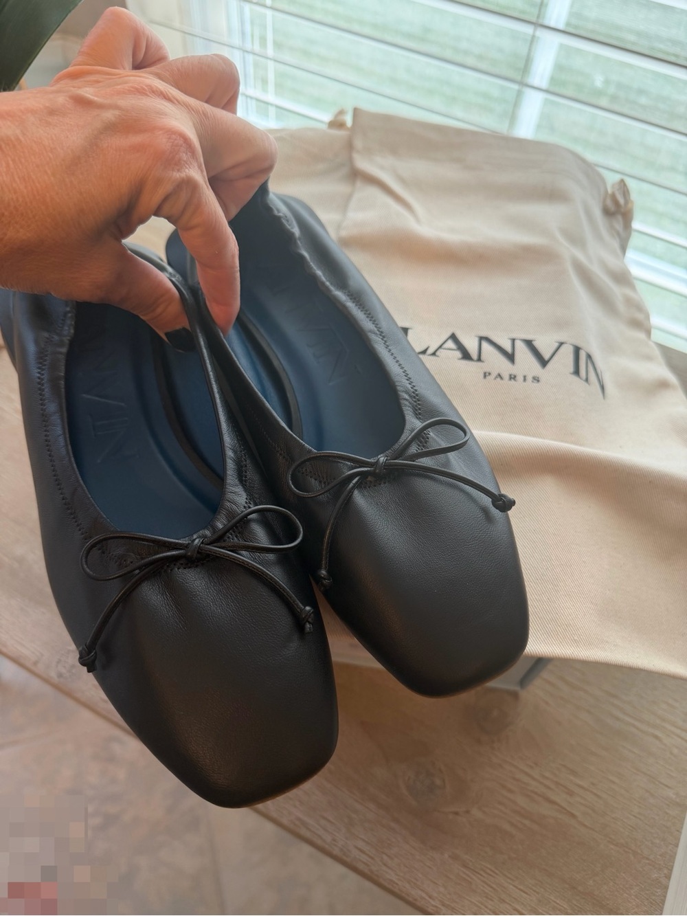 LANVIN Paris Black Leather Bumper Ballerina Flats Square Toe Size 38 - Picture 2 of 16